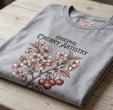 Camiseta gris con diseño botánico de flores de cerezo y texto Original Cherry Artistry.