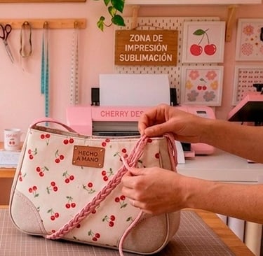 Handmade cream shoulder bag with cherry pattern being crafted in a pink sublimation studio.