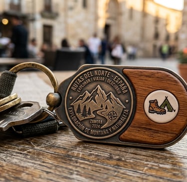 Llavero de madera y metal Rutas del Norte España: Exploración de montaña y naturaleza en Zamora.