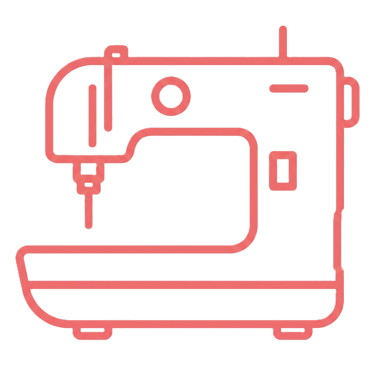 Red outline icon of an electric sewing machine for tailoring and garment repair.