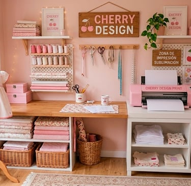 Pink sewing studio and craft room featuring a fabric printer, cherry decor, and sewing supplies.