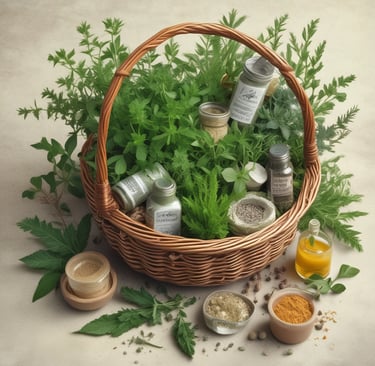 A peaceful garden scene with wildflowers, herbs, and butterflies fluttering around.