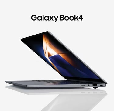 Side profile of a sleek Samsung Galaxy Book4 laptop with a slim metallic design and vibrant display.