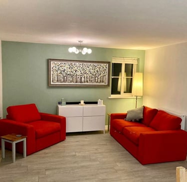 Tidy seating area in a residential home, with a mint-green feature wall, and white walls/ceiling.