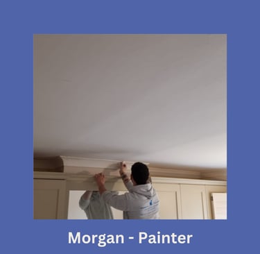 Portrait of Morgan, an LPAD painter, standing and painting coving above a wardrobe and facing away.
