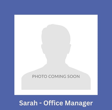 Portrait of Sarah, office manager, with the photo missing.