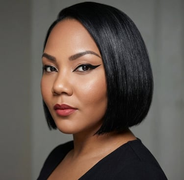 Portrait of a woman with a sleek black bob haircut, winged eyeliner, and matte red lipstick.