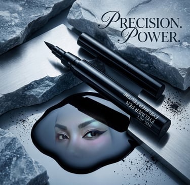Precision black liquid eyeliner pen displayed on stone with a reflection of dramatic winged eye makeup.