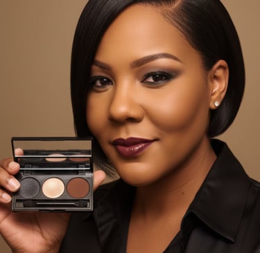 A woman with a sleek bob hairstyle holds a neutral eyeshadow palette featuring matte and shimmer tones.