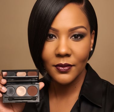 Woman with dark lipstick holding a professional three-color eyeshadow makeup palette.