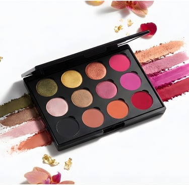 Professional eyeshadow palette with vibrant shimmer and matte shades, color swatches, and orchid flowers.