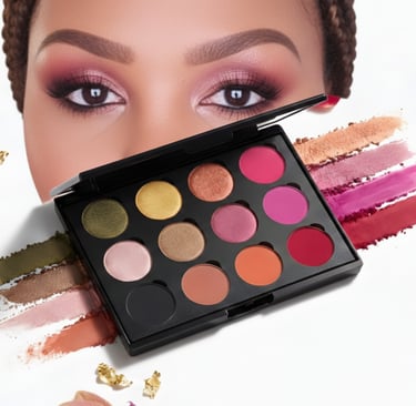Professional 12-shade eyeshadow palette with vibrant swatches, orchids, and a woman's glamorous eye makeup look.