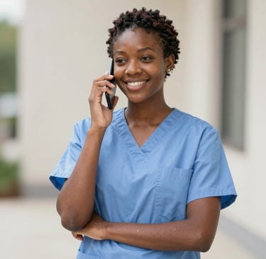 A sleek, modern reception desk at Aurelia Medica bathed in soft golden light, with a friendly staff member ready to assist.