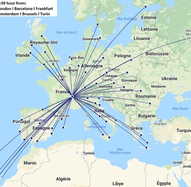 Europe map with Lyon as a central location
