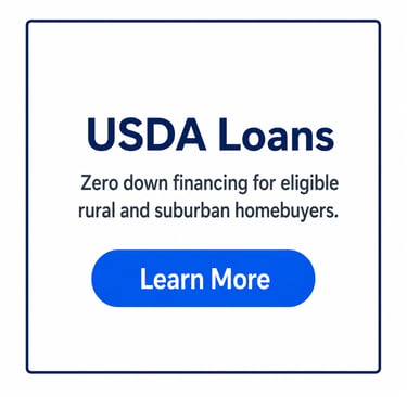 USDA Loans graphic offering zero down financing for eligible rural and suburban homebuyers.
