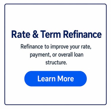 Rate and term refinance information card explaining how to improve mortgage rates and payments.