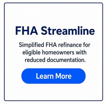 FHA Streamline refinance graphic for eligible homeowners with reduced documentation and a Learn More button.