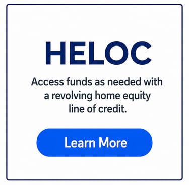 A blue and white graphic explaining how to access funds with a revolving home equity line of credit or HELOC.