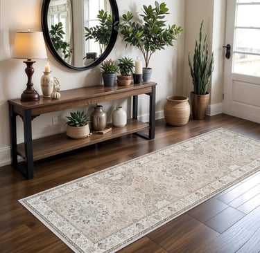 Elegant vintage-style runner rug on dark hardwood floor in a bright home entryway decor.