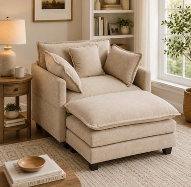 Oversized beige reading chair with ottoman in a cozy neutral living room, perfect for reading nooks and luxury home decor