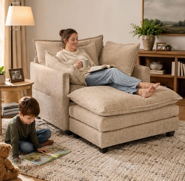 A woman relaxes on a beige oversized armchair while her son reads on a rug in a cozy living room.
