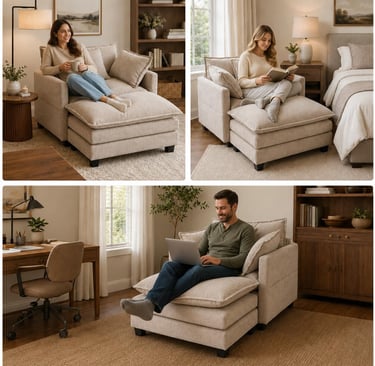 A versatile beige oversized swivel accent chair with ottoman used for reading, relaxing, and working in various rooms.