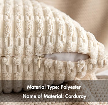 Cream textured corduroy polyester pillow cover with a hidden zipper closure.