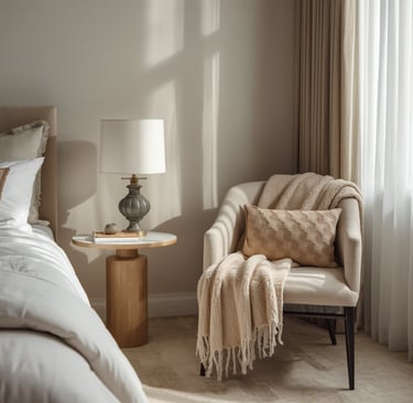 Cozy reading nook with chair, lamp, and soft throw in a small bedroom corner