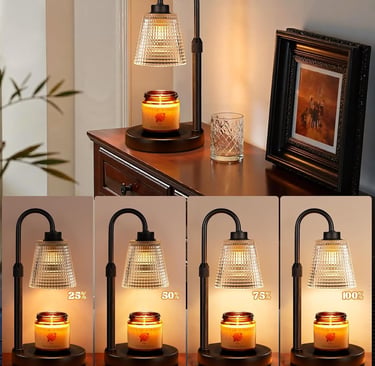 Candle warmer lamp on bedside table in a cozy small bedroom corner.