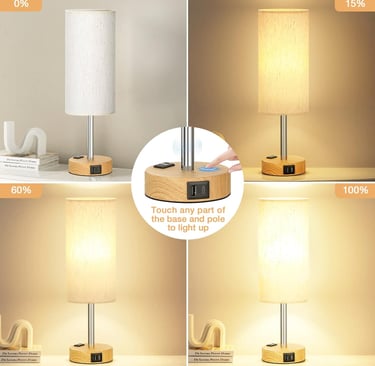 Dimmable touch bedside lamp with wood base and USB ports showing four brightness levels.