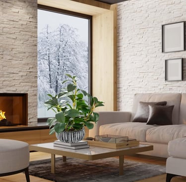 Modern living room featuring a cozy fireplace, white brick walls, and a green houseplant overlooking a snowy winter scene.