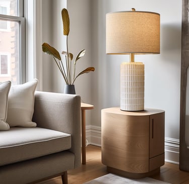 Modern table lamp with a ceramic base on a light wood nightstand next to a neutral fabric sofa.