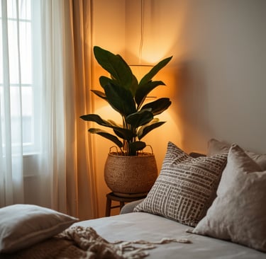 Decorative cushions and soft blanket enhancing small bedroom reading corner