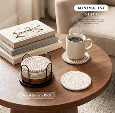 Set of 8 round drink coasters on a black holder for tabletop protection