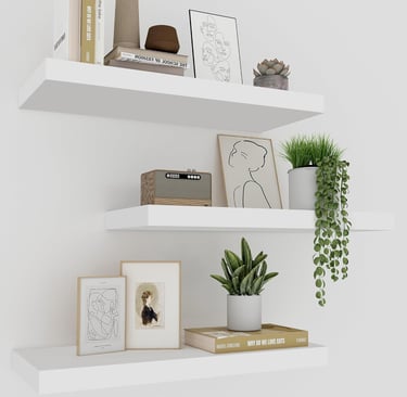 Minimalist white floating shelves decorated with books, green plants, and framed line art.