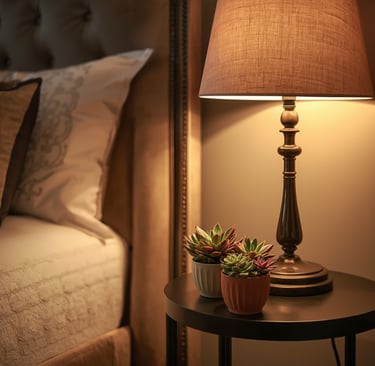 Warm bedside table setup with decorative lamp and succulents, soft cozy bedroom lighting.