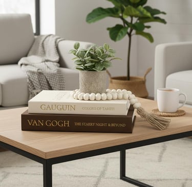Luxury decorative books styled on a modern coffee table with neutral living room decor