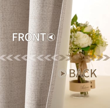 Close-up showing the front and back texture of a grey linen blackout curtain panel next to a flower vase.