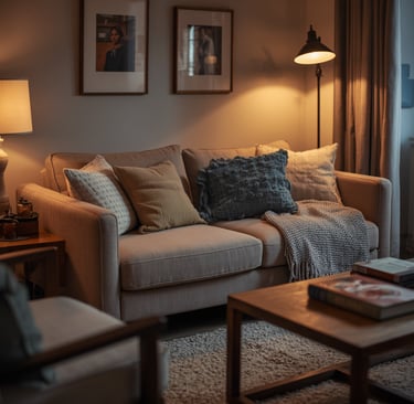 Comfortable living room nook with sofa, decorative cushions, and ambient lighting for relaxing momen