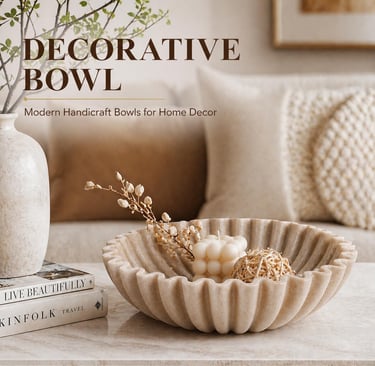 Modern fluted decorative bowl on a marble coffee table with minimalist home decor accents.