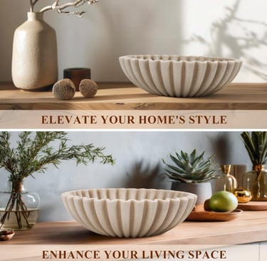Decorative fluted stone bowl on a wooden shelf with minimalist home decor and indoor plants.