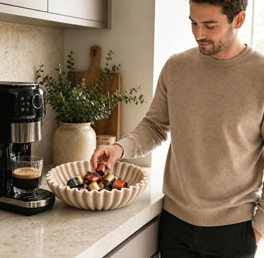 A man picking a coffee pod from a decorative bowl next to a modern espresso machine.