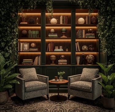 Modern living area with bookshelves, ambient lights, and plants, elegant home decoration inspiration