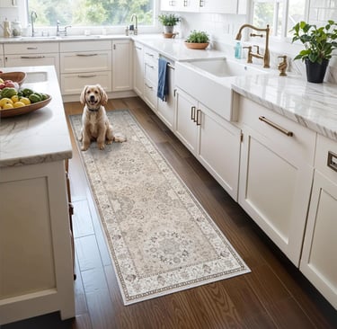 Golden dog sitting on a vintage washable runner rug in a white kitchen with marble countertops.
