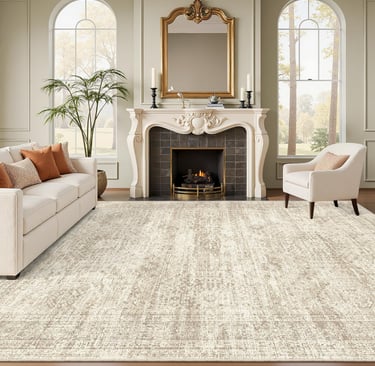 Soalmost washable vintage beige area rug in a cozy neutral living room with fireplace