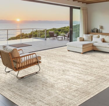 A cream-colored distressed area rug in a modern coastal living room with a sunset ocean view.