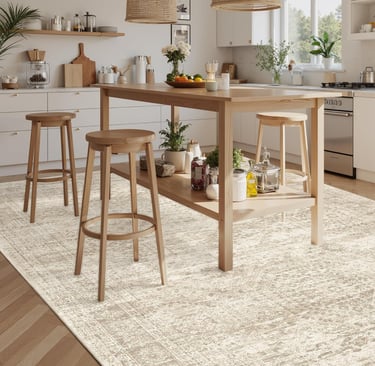 A neutral beige traditional area rug under a wooden kitchen island with stools in a bright, modern kitchen.