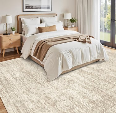 A modern beige distressed area rug under a queen bed in a bright, neutral-toned bedroom.