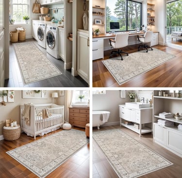 Traditional beige runner rug displayed in a laundry room, home office, nursery, and bathroom.