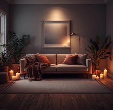 Cozy small living room with sofa, soft pillows, and warm throw